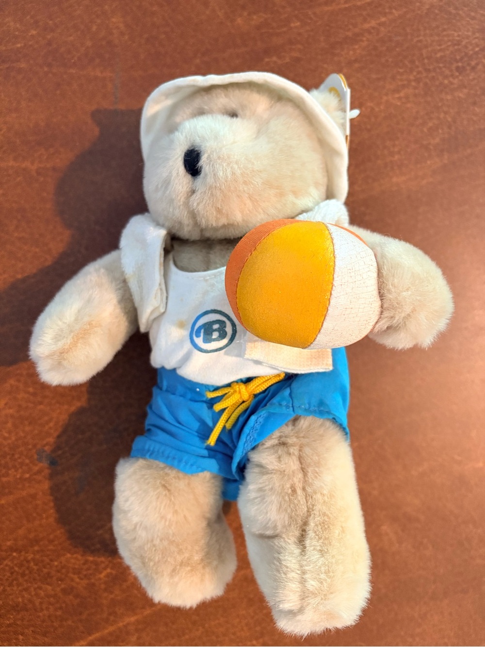 Starbucks Plush Bear in Blue Swim Shorts with Yellow-Orange Beach Ball 2002